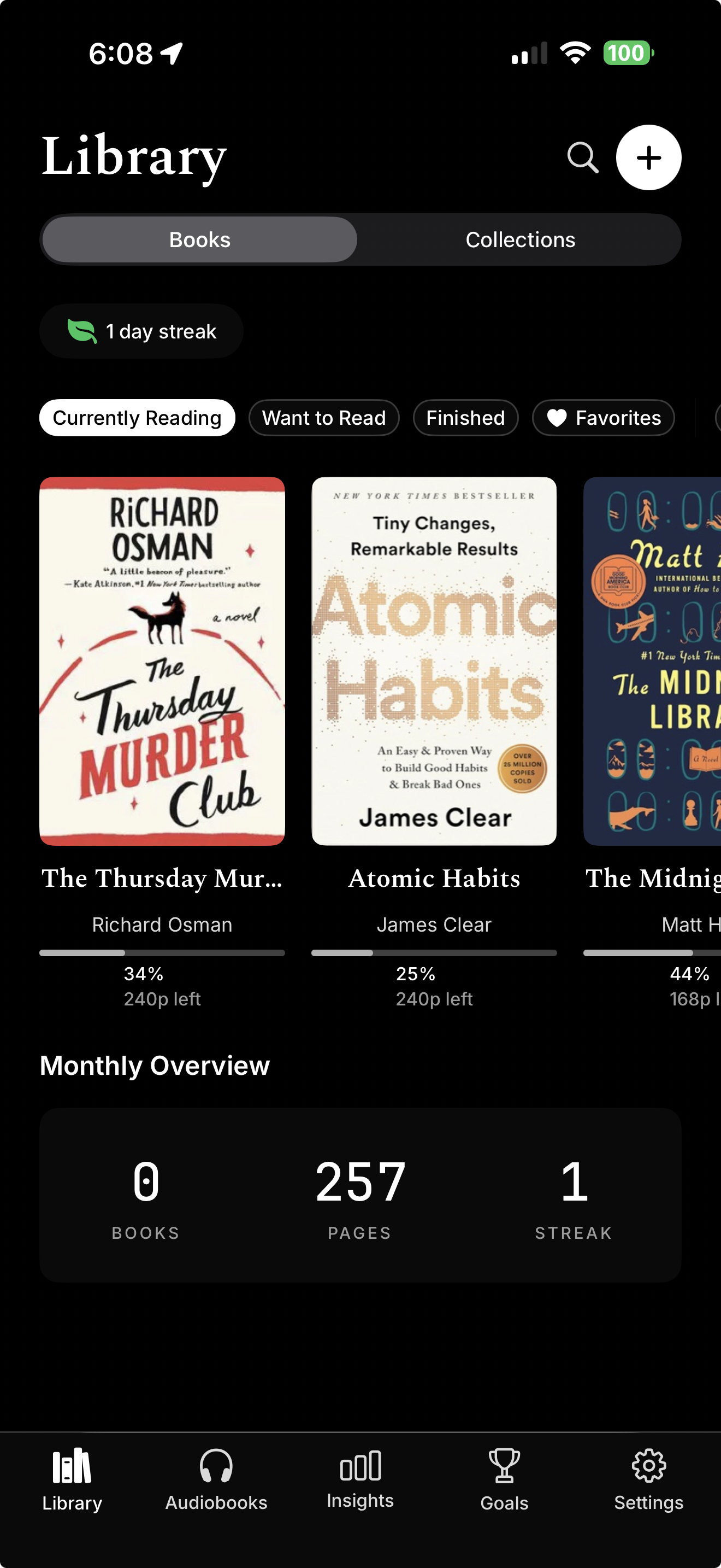 Leaf app library view showing reading progress